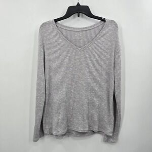 24/7 Comfort Apparel Womens Gray Ribbed V-Neck Long Sleeve Top Size M